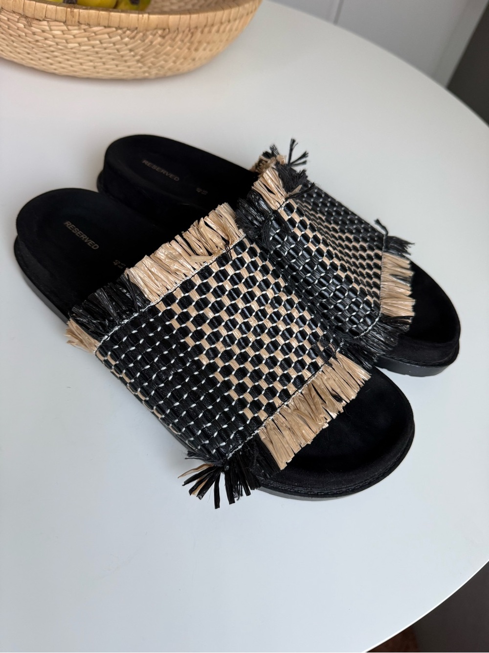 Reserved Black & Natural Woven Fringe Slide Sandals